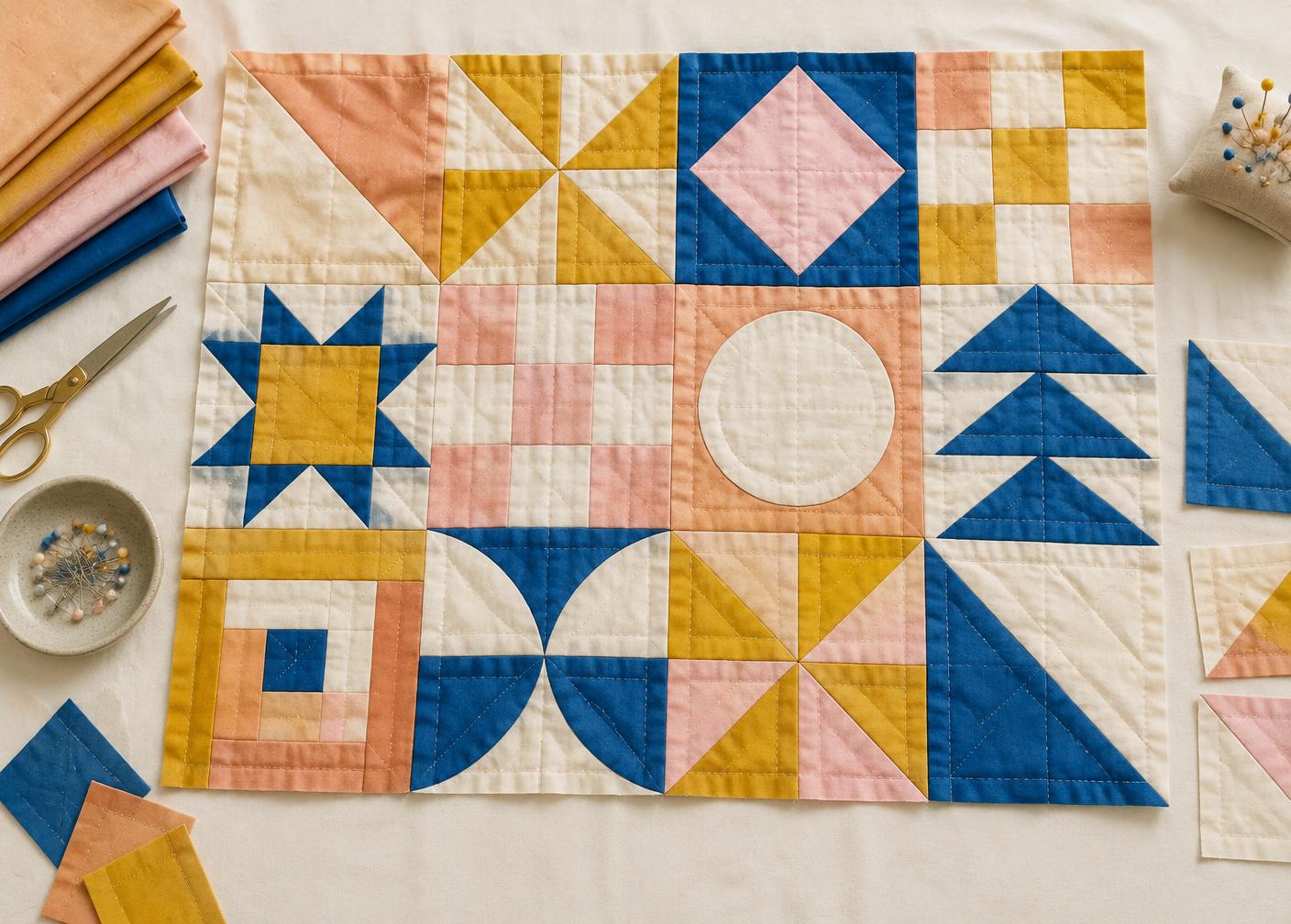 A patchwork quilt top laid flat with peach, mustard, pink and blue blocks